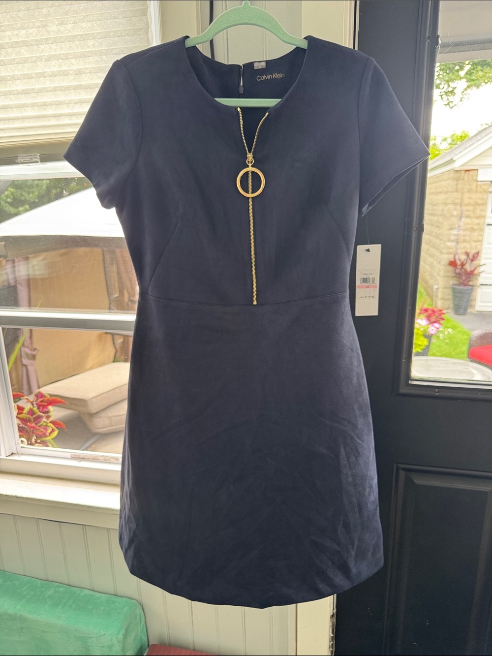BNWT Calvin Klein Navy Short-Sleeve Suede Mini Dress with Gold Zip Accent